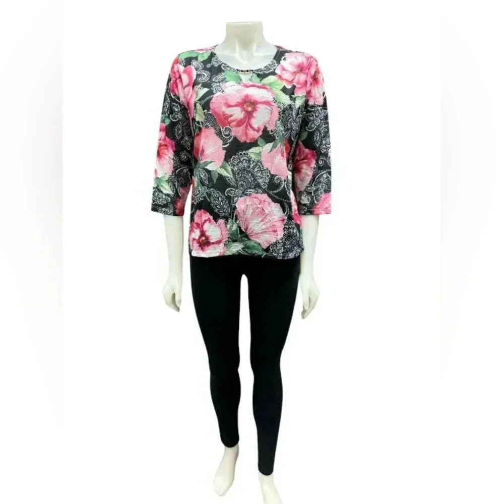 Alfred Dunner NWT Floral Quarter Sleeve Top Pink/Black/Green/White Size PM